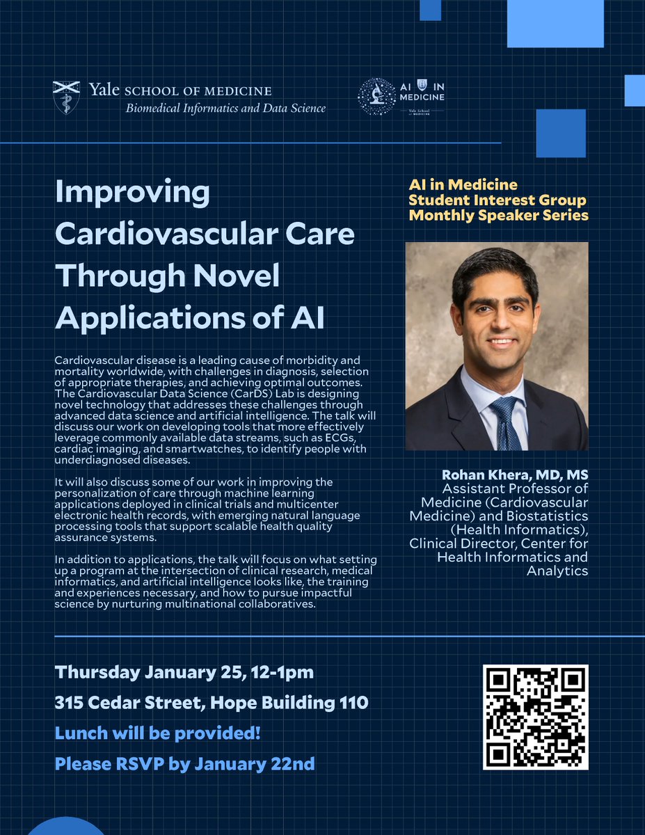Looking forward to speaking to @YaleMed students about improving cardiovascular care using AI and building careers in data science. Sharing the incredible work of our team at @cards_lab @Yale @YaleBIDS @YaleCardiology