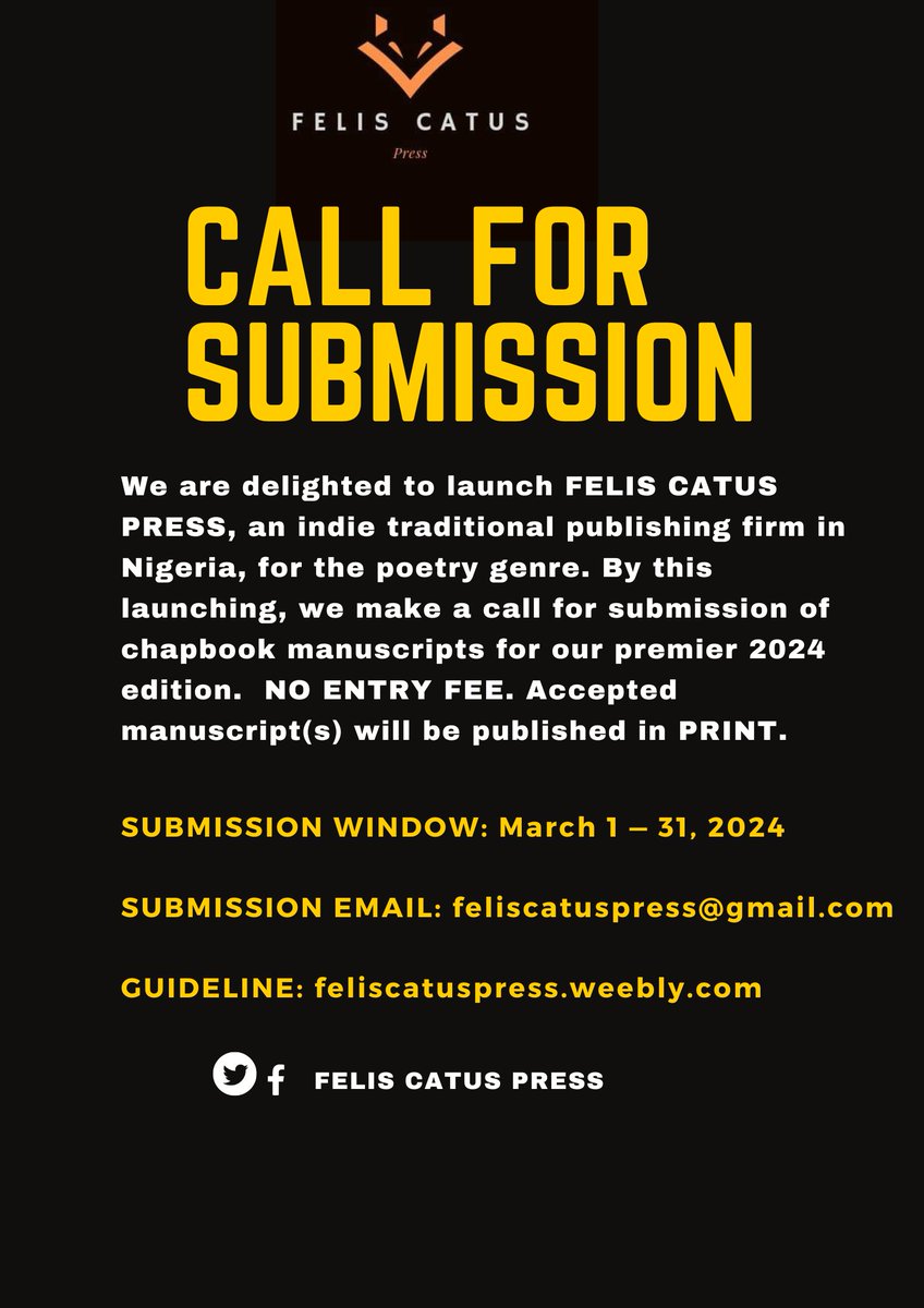 feliscatuspress's tweet image. FELIS CATUS PRESS is launched!
The Nigerian poetry community has long awaited this development, and we are honored to be the ones to bring it to fruition. Our focus is on TRADITIONAL PUBLISHING IN PRINT, commencing with chapbooks.
1/2
#AfricanPoets2024
#BookTwitter
#Poetry