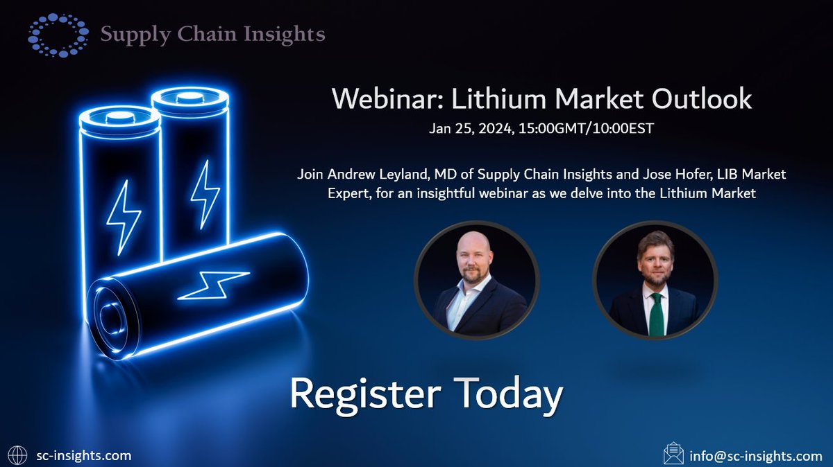j_m_hofer's tweet photo. Don't miss this insightful webinar as we delve into the Lithium Market, @andyleyland1 @j_m_hofer
Free Webinar: Lithium Market Review: @insights_sc takes a deep dive into Lithium Market
#LIB #LIBsupplychain #lithium #litio #mining #refining #LIBrecycling
#cathode #LIB https://t.co/OZfFH4txuJ