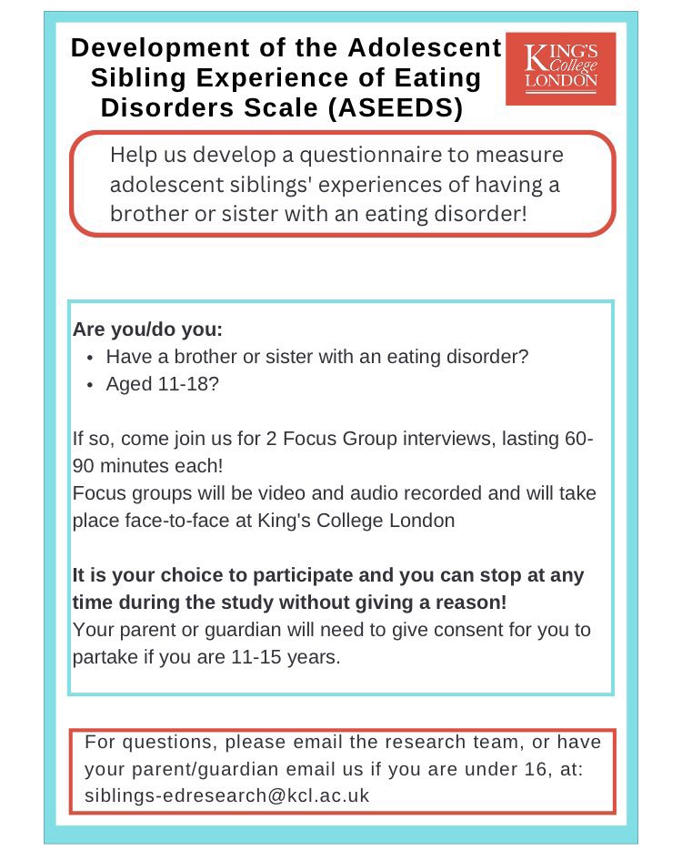 We are looking for a few more siblings to take part in our research. We are now able to offer individual interviews as well as focus groups. Please do reach out for more information. <a href="/MariaLivanou1/">Dr Maria Livanou</a> <a href="/KingsIoPPN/">Institute of Psychiatry, Psychology & Neuroscience</a> <a href="/kingsedresearch/">Centre for Research in Eating and Weight Disorders</a> #eatingdisorder #siblings