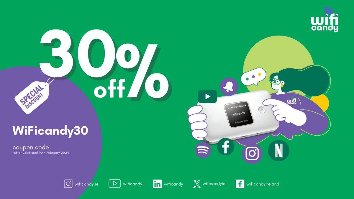 📷 Exclusive Discount 📷
Save massively on your next order with WiFicandy, offer valid only until 10th of February.
Discount is applied automatically at the 
checkout >>>> bit.ly/3SvjrCu
#Ireland #portablewifi #irishvacation #travelwifi #visitireland