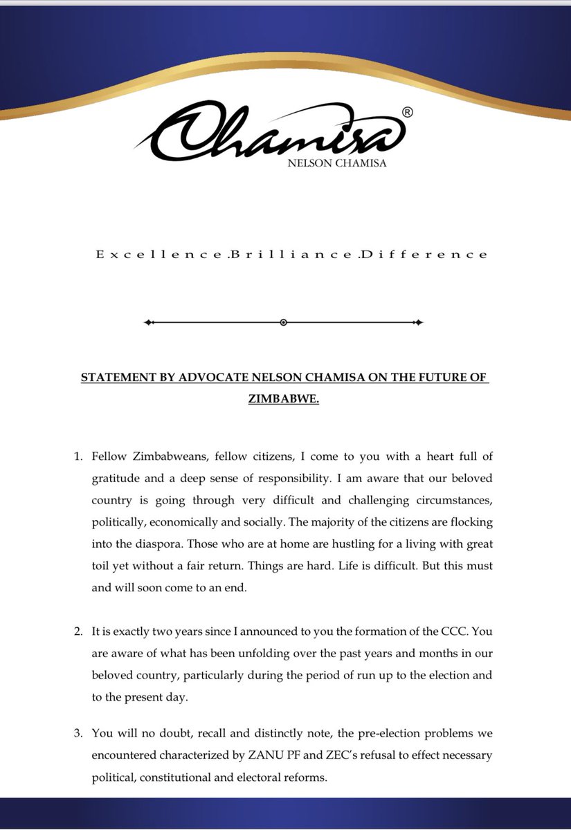 FELLOW CITIZENS, This is to officially, and under my hand, inform you, that, with immediate effect, I no longer have anything to do with CCC.

My focus remains fully on Zimbabwe, asserting your victory, honoring the citizens mandate and God’s calling to provide leadership.
