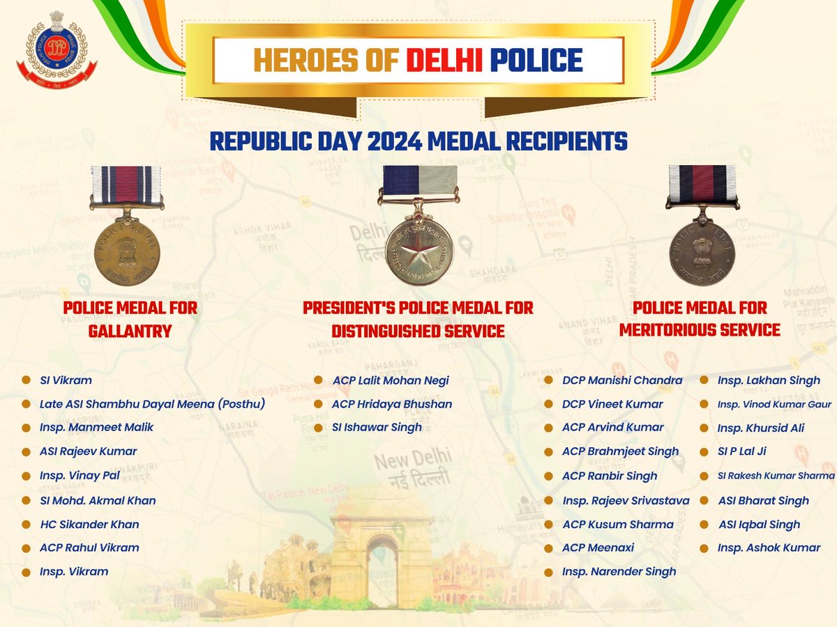 CP Delhi #DilKiPolice (@cpdelhi) on Twitter photo Heartiest congratulations to my fellow officers of <a href="/DelhiPolice/">Delhi Police</a> who have been conferred with 09 Police Medals for Gallantry (PMG), 03 President's Medal for Distinguished Service and 17 Police Medals for Meritorious Service on the occasion of 75th #RepublicDay. Heartiest congratulations to my fellow officers of <a href="/DelhiPolice/">Delhi Police</a> who have been conferred with 09 Police Medals for Gallantry (PMG), 03 President's Medal for Distinguished Service and 17 Police Medals for Meritorious Service on the occasion of 75th #RepublicDay.