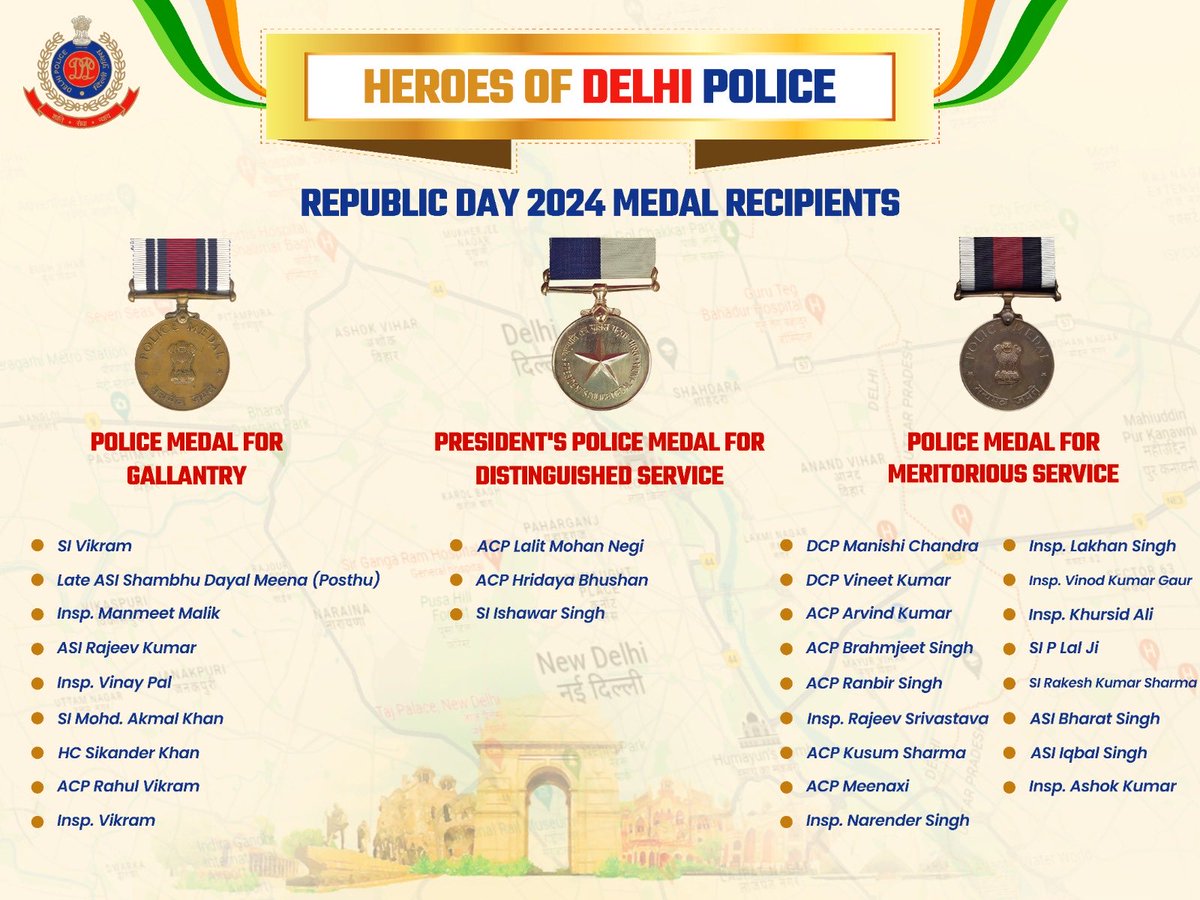 Heartiest congratulations to my fellow officers of @DelhiPolice who have been conferred with 09 Police Medals for Gallantry (PMG), 03 President's Medal for Distinguished Service and 17 Police Medals for Meritorious Service on the occasion of 75th #RepublicDay.