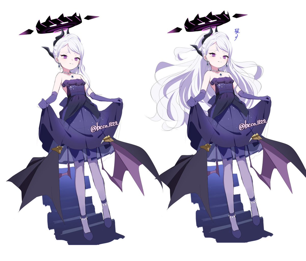 hina (blue archive) ,hina (dress) (blue archive) 1girl horns purple eyes long hair wings white hair halo  illustration images