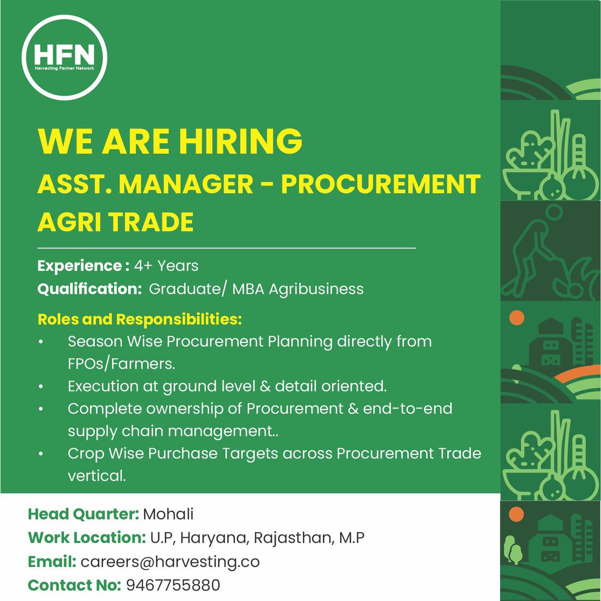 We are hiring!!!

We are searching for an Assistant Manager in Procurement (Agritrade) with a minimum of 4+ years of experience. The ideal candidate should be responsible for season-wise procurement planning directly from FPOs/Farmers and should oversee complete ownership of