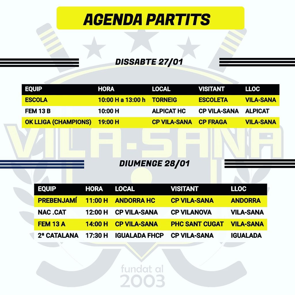 hoquei_vilasana's tweet photo. 📅Calendari dels partits del Club Patí Vila-sana d’aquest proper cap de setmana.

🟡Som-hiiiii!!!🙌🏽🙌🏽🙌🏽

#novatemporada #oklliga #hoquei #ok #equip #cpvilasana #cpv #clubpati #aficio #hoqueipatins #replic #cooperativadivars #temporada2324 #junts #unpoble #unapassio #socis https://t.co/Lredloz1PQ