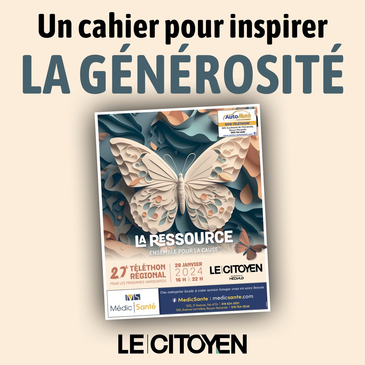 À l’approche du 27e Téléthon régional pour les personnes handicapées de la Ressource, le 28 janvier, Le Citoyen a préparé un cahier spécial sur l’événement et sur ce qui en constitue le cœur : ses gens! Lisez-le ici: bit.ly/cahiertelethon. Soyez généreux!