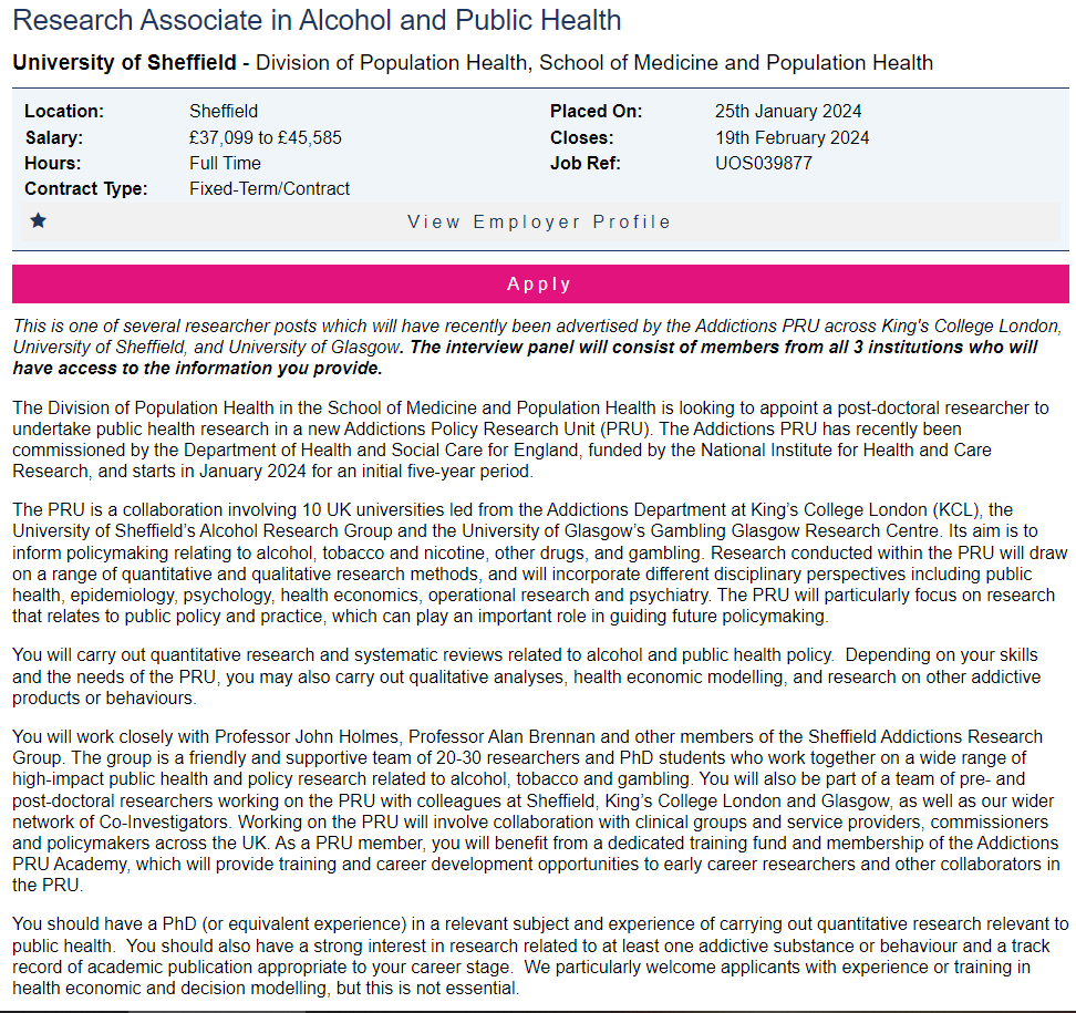 ***Job opportunity*** Join @SARG_SCHARR at @sheffielduni as a Research Associate in Alcohol and Public Health in the new @NIHRresearch Policy Research Unit in Addictions. Great opportunity if you're keen on research that directly influences policy jobs.ac.uk/job/DFM429/res…