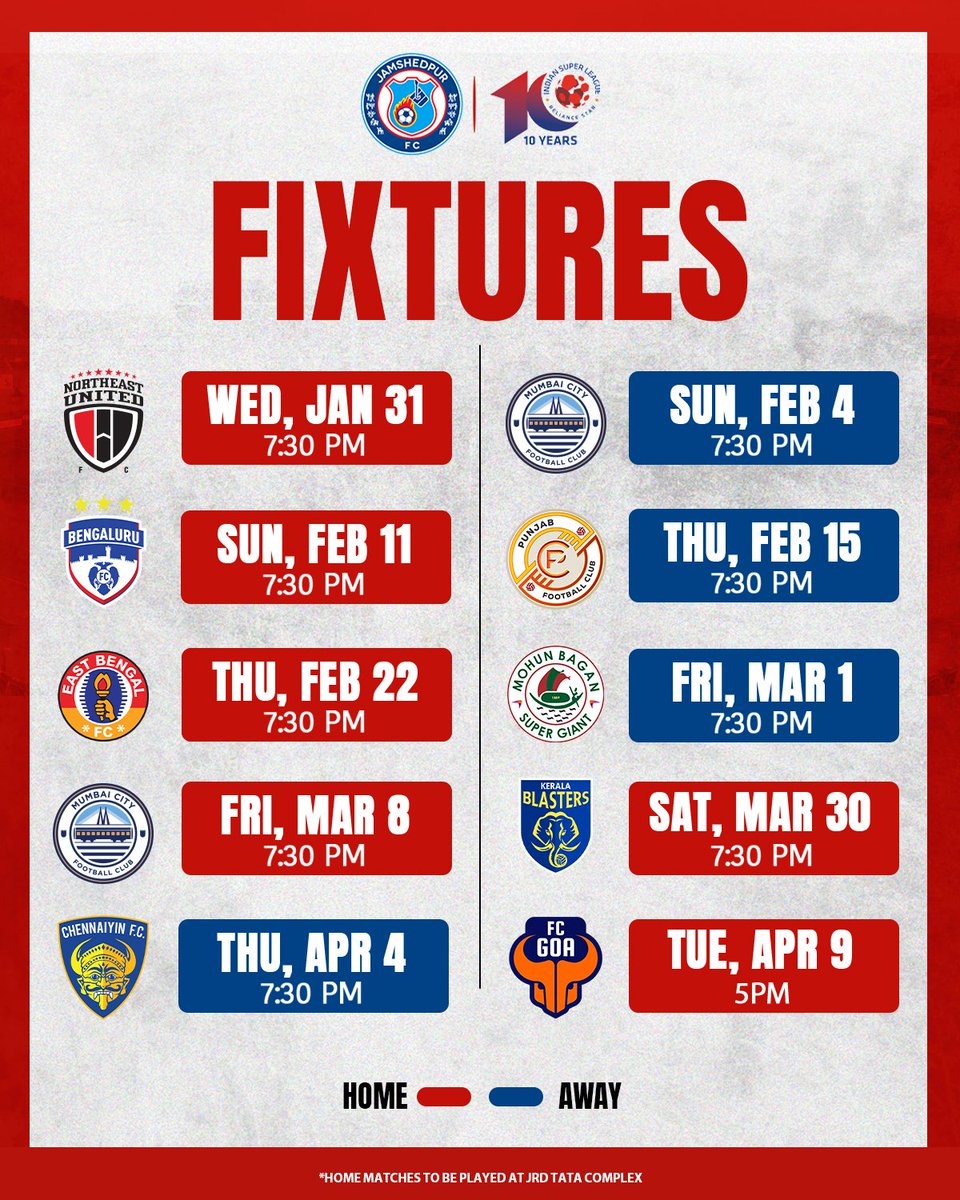 JamshedpurFC's tweet image. Fixtures 🚨 | Mark your 📅  to witness the Men of Steel in action again as the remaining #ISL fixtures are out. 💪🏼 

One final push for the season. Comment below if you will be there to support your team 🔥

#JamKeKhelo #ISL10 #ISLonJioCinema #ISLonSports18 #football…