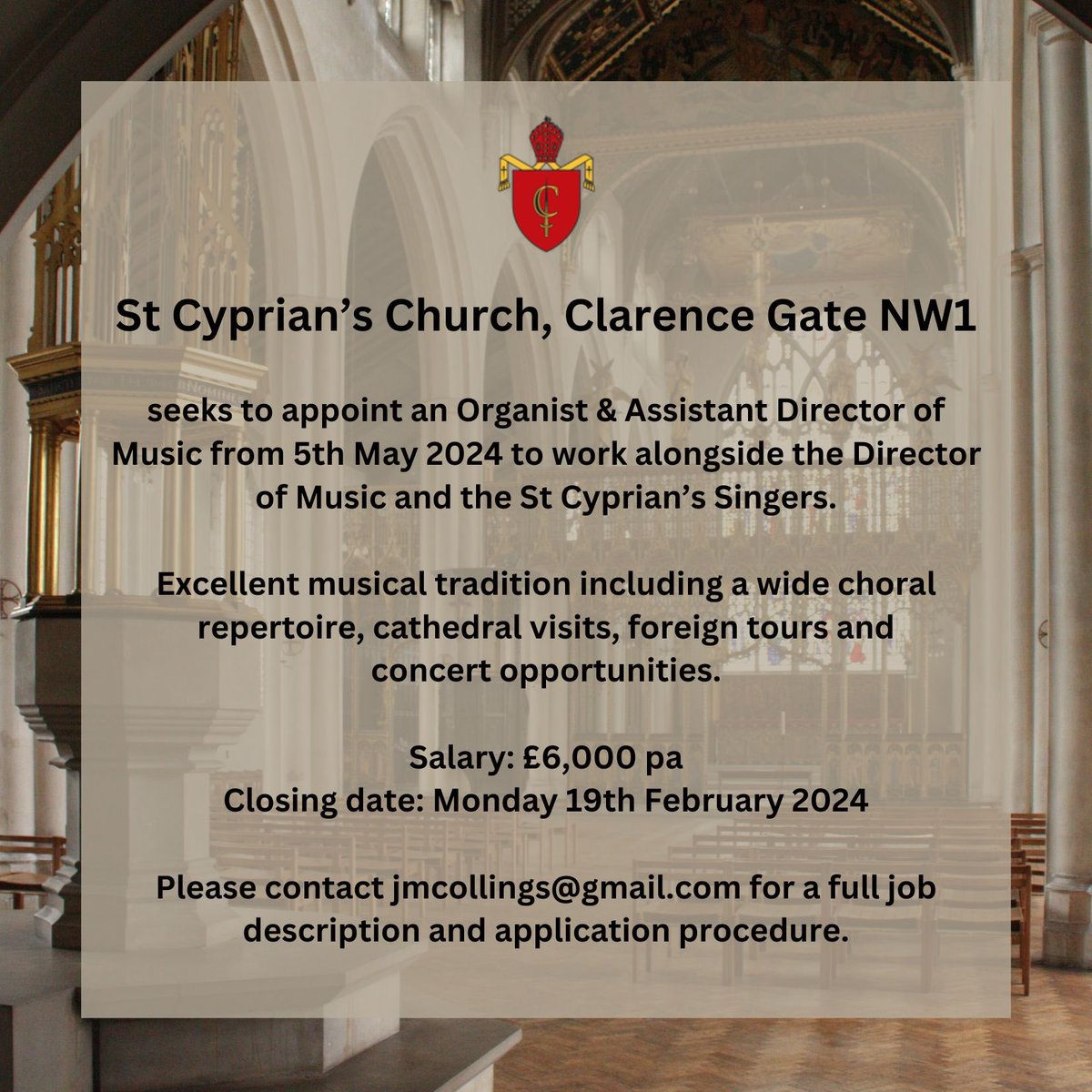 We are now recruiting for a new Organist & Assistant Director of Music @stcypriansnw1 - come and work with our renowned mixed-voiced choir in this musically active community near Regents Park and Baker Street #organists #churchmusic #choralmusic