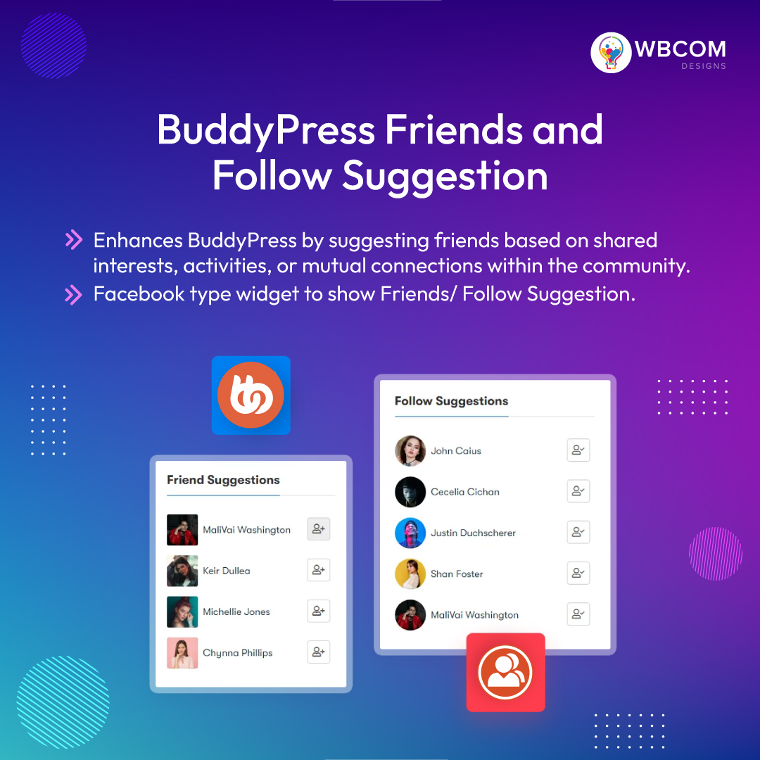 wbcomdesigns's tweet photo. Boost community connections effortlessly! π€ Introducing the #BuddyPress Friends and Follow Suggestions plugin, your key to enhancing BuddyPress Platform communities.
Read More: https://t.co/lRf5HJA12v
#BuddyPressEnhancements #CommunityConnections #SmartSuggestion #wbcomdesigns https://t.co/sstLgrSQfo
