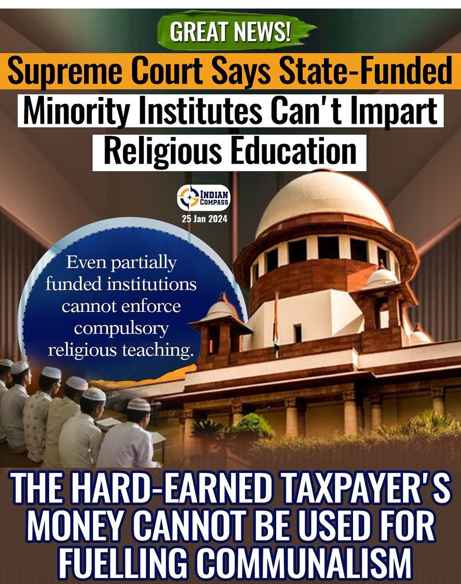 A Big win 💥 and welcome decision from #SupremeCourtofIndia !! 
NO More state funding for #ReligiousStudies ! 

If u want to teach asmani 📖  then do ur own funding! 
NOT ON MY MONEY!! 
#