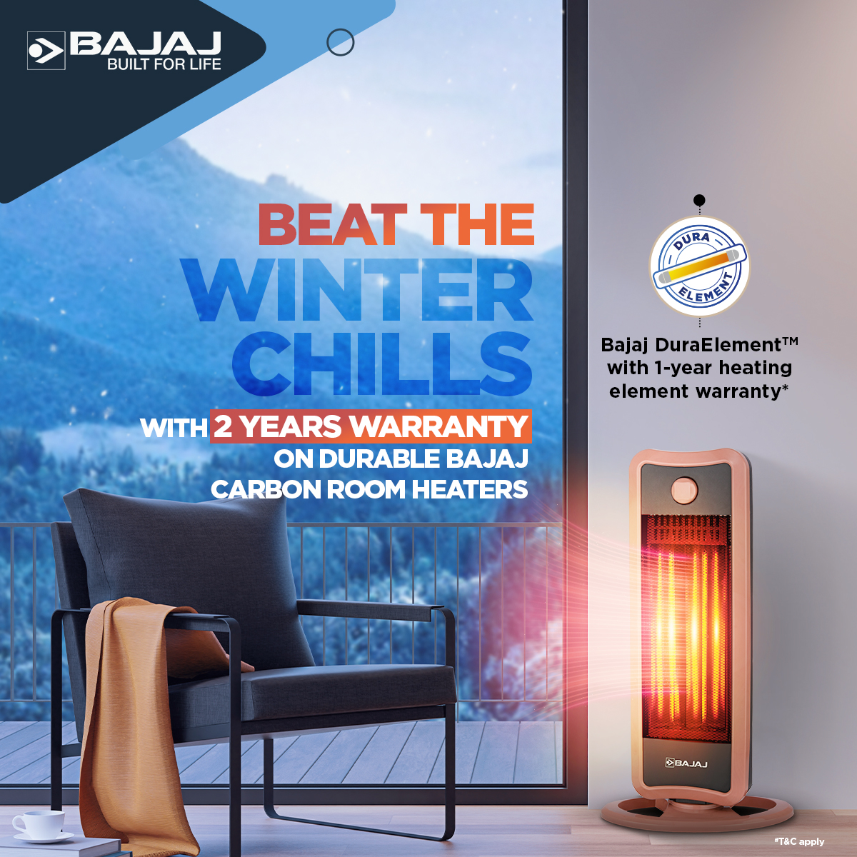 Indulge in winter warmth with our durable Bajaj Carbon Room Heaters, backed by 2 years warranty. Powered by the robust Bajaj DuraElement™️, with 1 year heating element warranty*, now embrace the warmth with uninterrupted heating.

*T&amp;C apply.

#BajajElectricals #BajajRoomHeaters