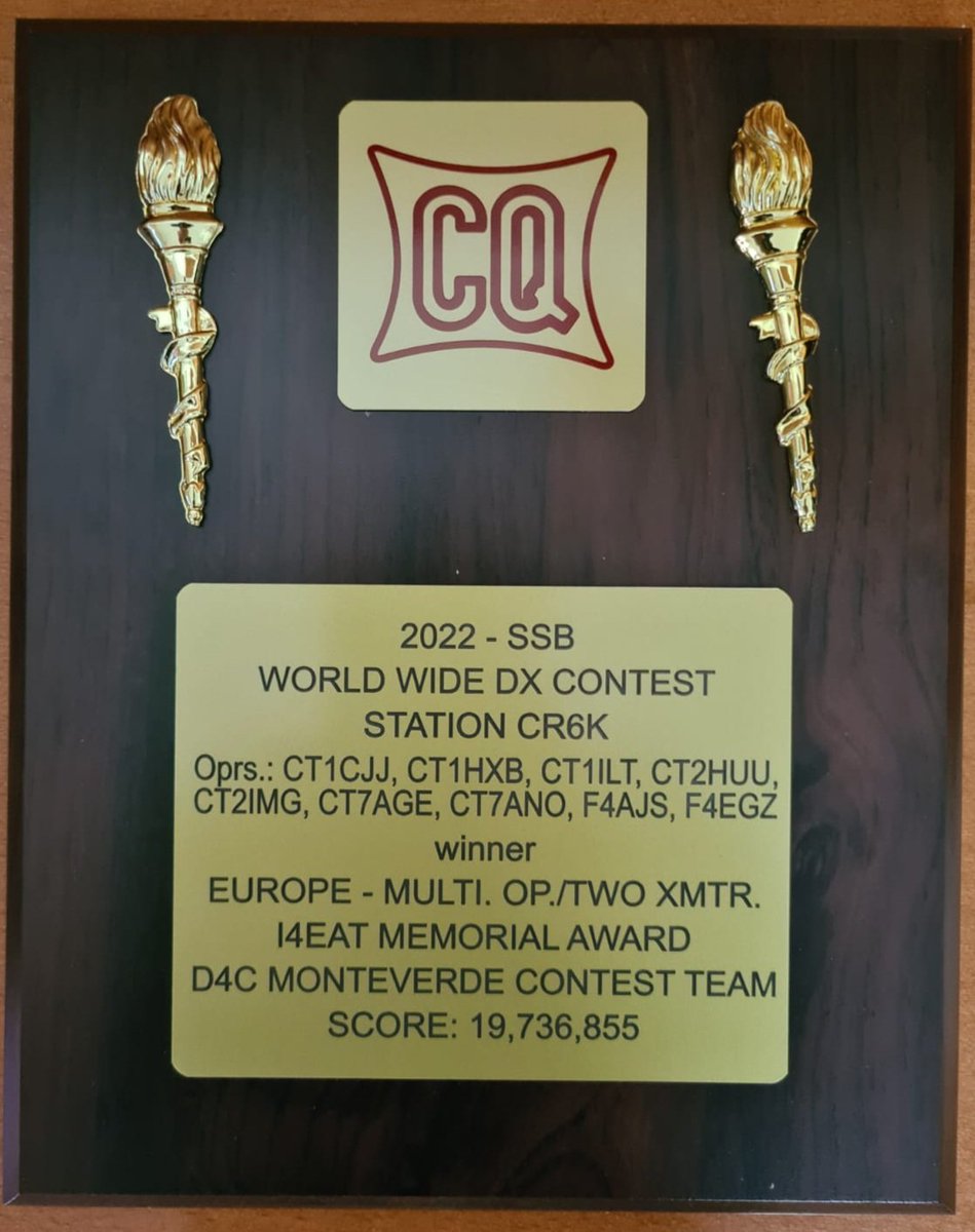 CT1ILT's tweet photo. CQ WW SSB 2022 plaque received 

Multi-2 Europe winner 

Contrats to the CR6K team

#cqww
#HAMRADIO https://t.co/22Sp7mwrUO