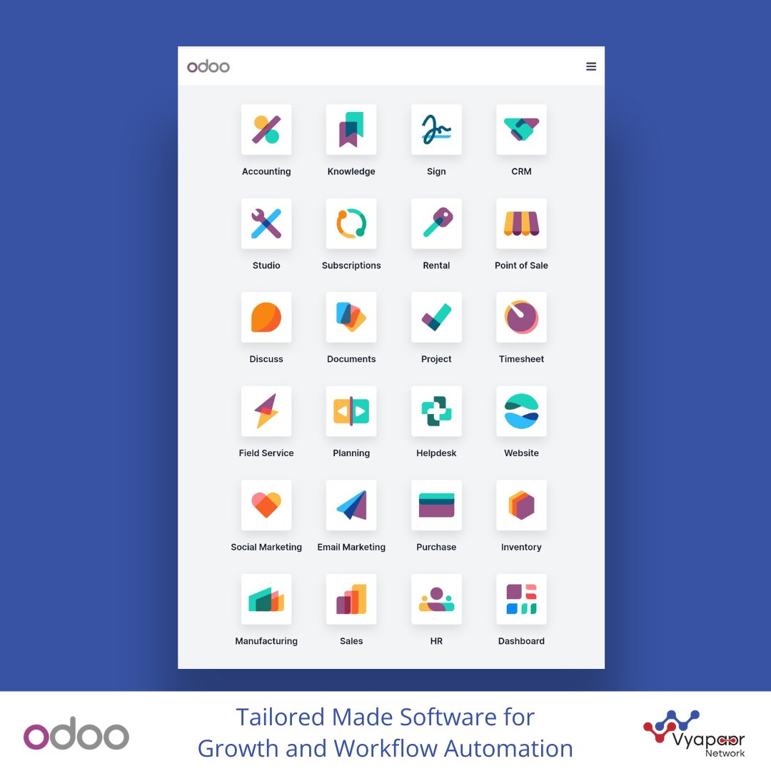 vyapaarnet's tweet photo. One-size-fits-all ERP doesn't cut it.

Our #odoo Certified Partners go beyond basic implementation, customizing it to perfectly fit your unique business needs. Boost efficiency and automate workflows with a personalized Odoo powerhouse.

info@vyapaar.net

#odoo https://t.co/3aJ6EkVXz3