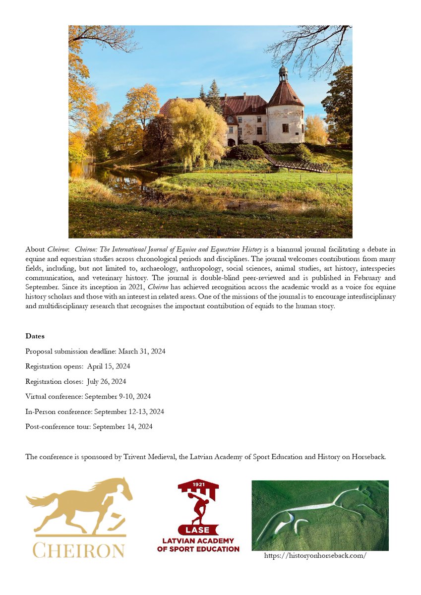 Call for papers for the inaugural Cheiron conference:
HORSES IN OUR HERITAGE, PAST AND FUTURE.
 9th – 14th September 2024. This will be a hybrid event, open to scholars of equine history at all career stages, and also to researchers in related fields.