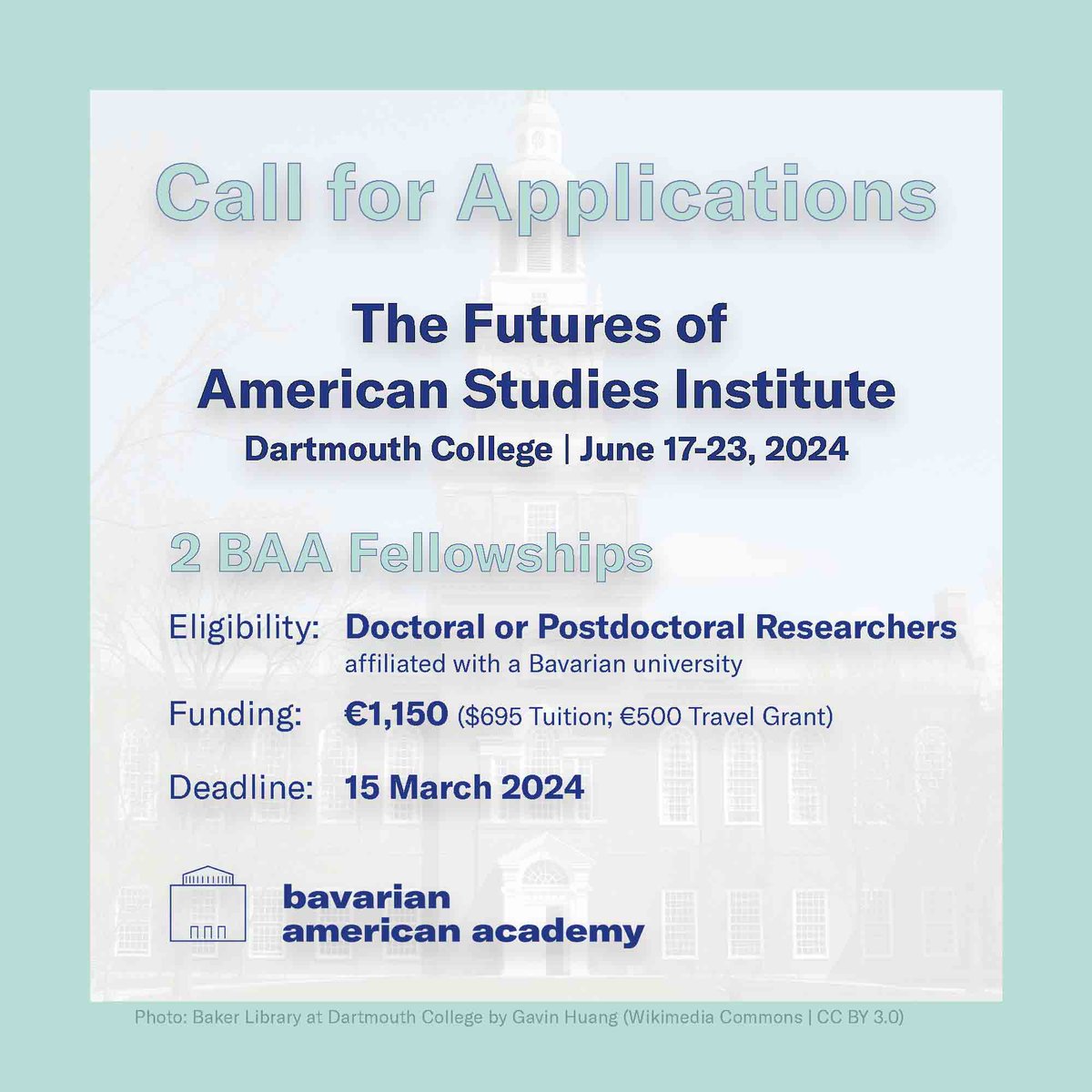 #CallforApplications: The Futures of #AmericanStudies Institute takes place 17-23 June at @dartmouth. If you are an early career Americanist at a Bavarian university & would like to attend the Summer Institute, apply for a BAA Fellowship!
👉 Learn more: amerikahaus.de/en/bavarian-am…