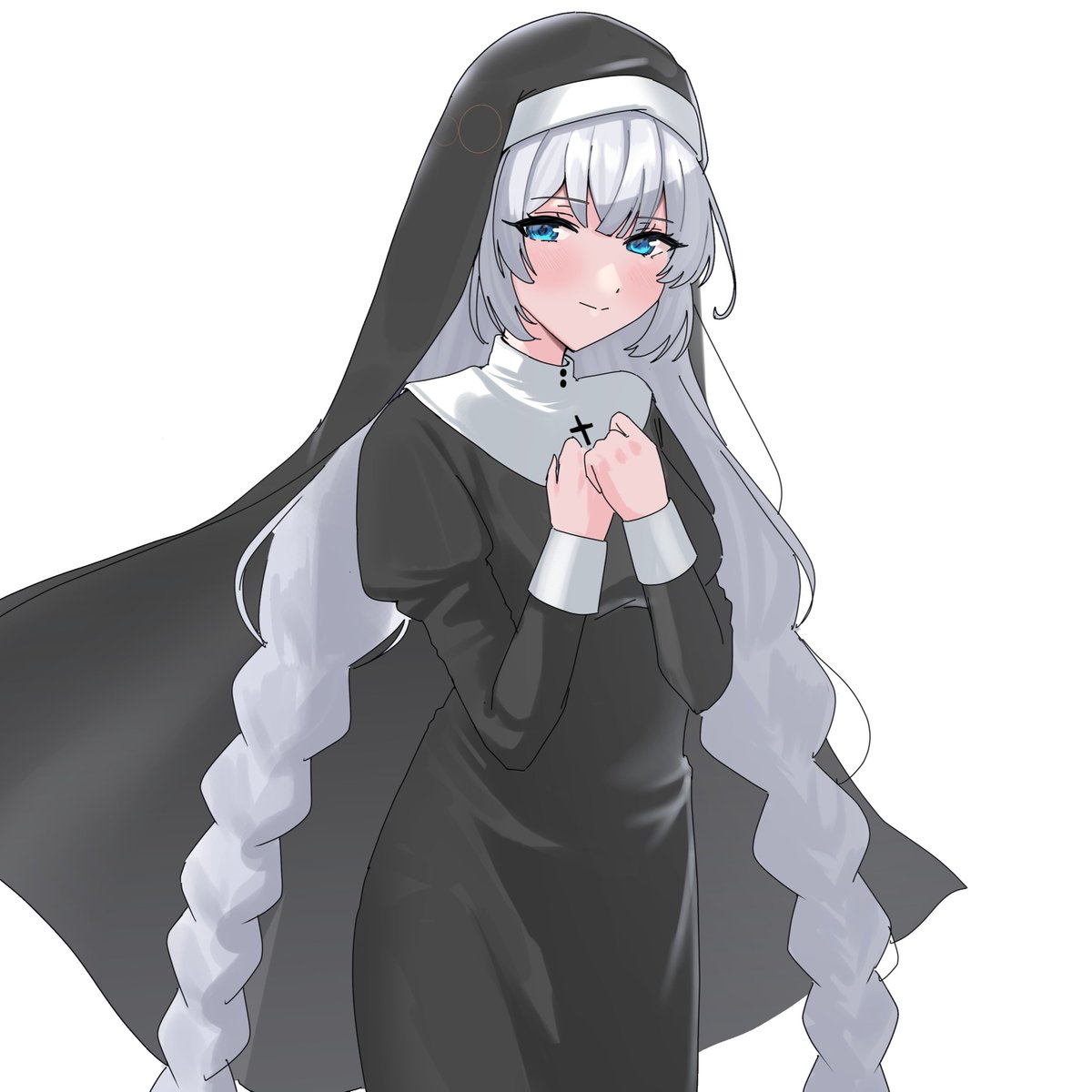 1girl nun long hair solo braid black dress blue eyes  illustration images