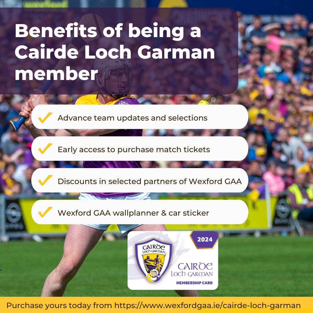 With the 2024 inter-county season well under way, there is still time to purchase your Cairde Loch Garman membership.
Purchase yours today by clicking the link below. You also can call 0539144808 or drop into the office in Chadwicks Wexford Park.
wexfordgaa.ie/cairde-loch-ga…