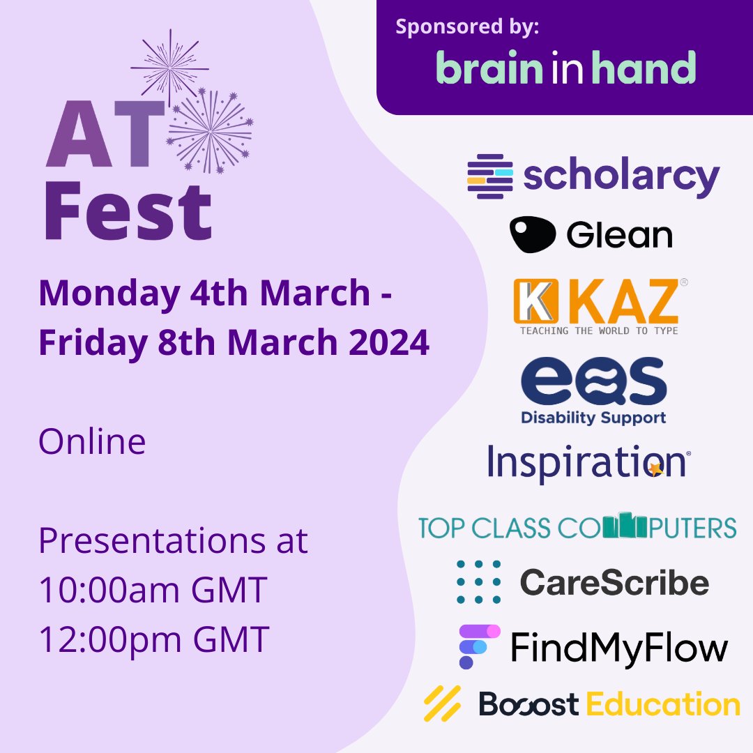 TechEdology - software publishing & events (@techedology) on Twitter photo AT Fest is coming! 5 days of virtual learning from the best in #AT. We’re delighted that <a href="/brain_in_hand/">Brain in Hand</a> is our headline sponsor, for a second year. Enjoy live interactive sessions with 10 fab AT providers + catch up on the best bits with recordings. Book👉🏼techedology.com/at-fest-2024/ AT Fest is coming! 5 days of virtual learning from the best in #AT. We’re delighted that <a href="/brain_in_hand/">Brain in Hand</a> is our headline sponsor, for a second year. Enjoy live interactive sessions with 10 fab AT providers + catch up on the best bits with recordings. Book👉🏼techedology.com/at-fest-2024/