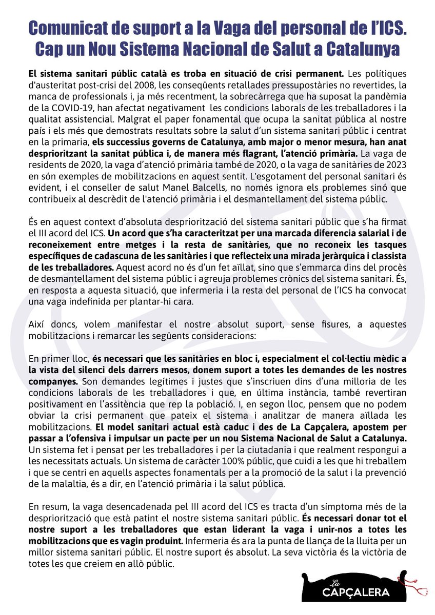 COMUNICAT | Aquesta setmana s’ha ratificat el tercer acord de l’ICS. Davant de les mobilitzacions que s’han produït en rebuig a l’acord i el silenci del col·lectiu mèdic des de La Capçalera volem expressar la nostra pròpia postura.

#IIIAcordICS #InfermeriaDiemProu