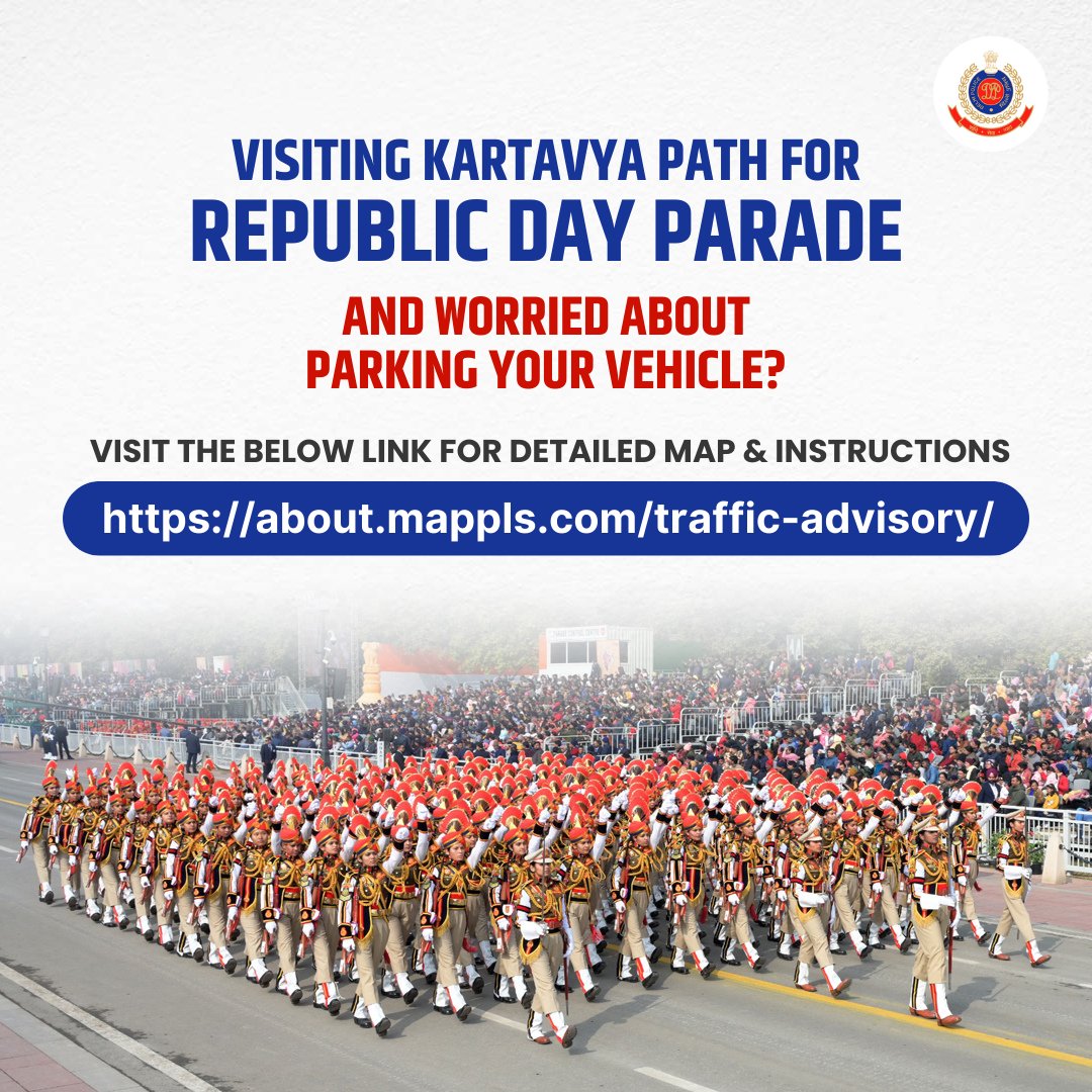 DelhiPolice's tweet photo. All the invitees visiting to witness #RepublicDay parade in vehicles with parking labels, may use the link https://t.co/P3xkDlgsNT for route map, parking instructions and directions.

@MapmyIndia  @mappls 

#RepublicDay2024
#Delhi https://t.co/h6oychihih