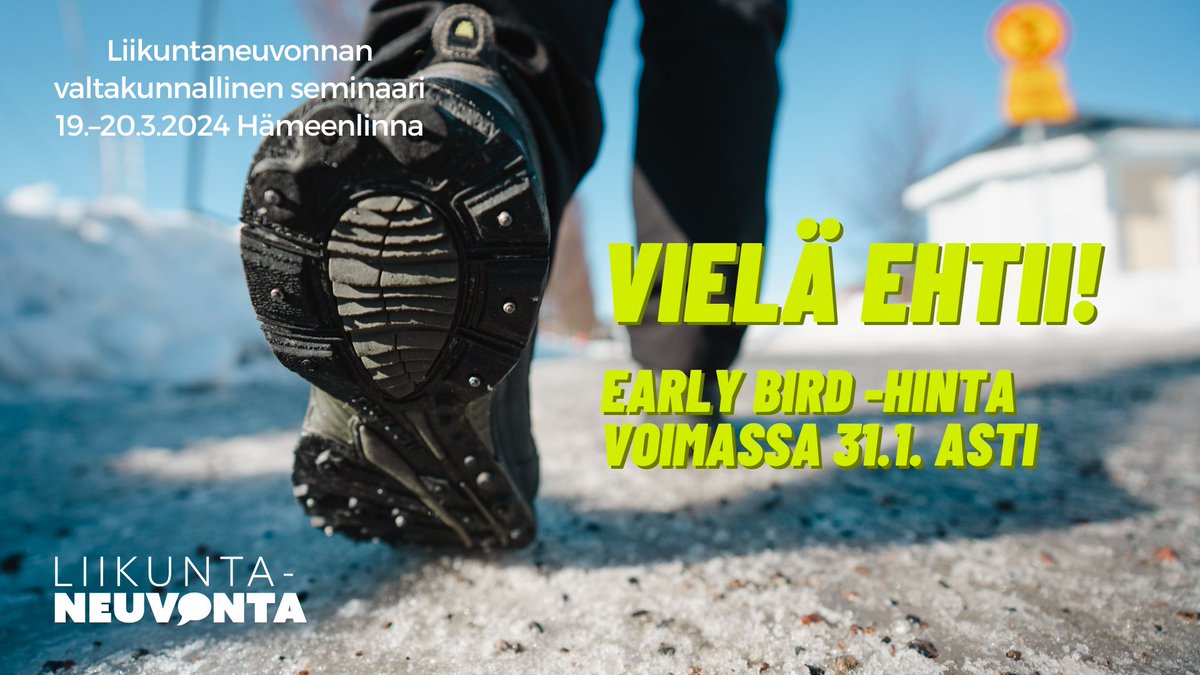 Vielä ehtii! 🏃‍♀️🏃‍♂️ Liikuntaneuvonnan valtakunnallisen seminaarin early bird -hinta on voimassa tammikuun loppuun saakka. Seminaari järjestetään 19.–20.3. Verkatehtaalla Hämeenlinnassa. Jos työskentelet liikuntaneuvonnan ja elintapaohjauksen parissa, et taatusti halua missata tätä…