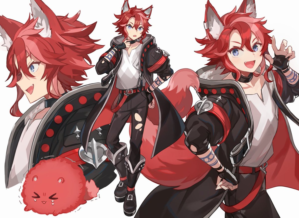 1boy animal ears red hair male focus blue eyes tail gloves  illustration images