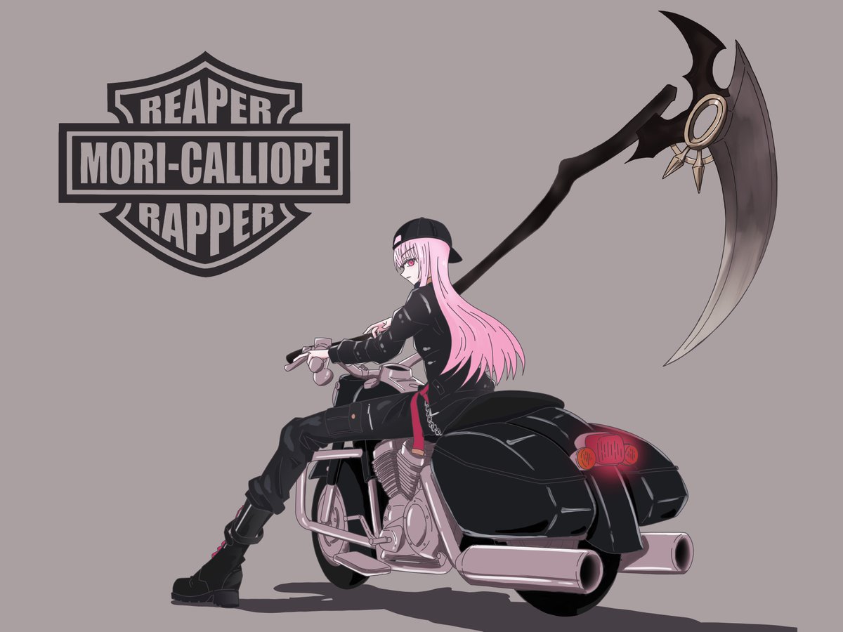 mori calliope 1girl motor vehicle motorcycle ground vehicle pink hair long hair scythe  illustration images