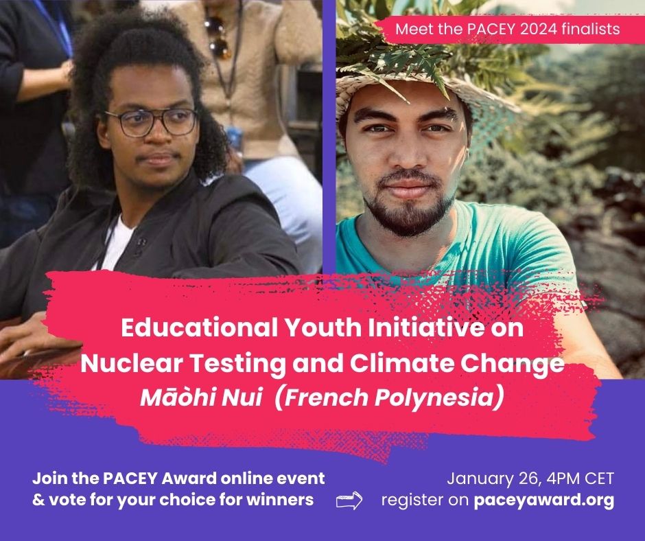 Youth initiative on nuclear testing &amp; climate change. Finalist for PACEY Awards. Join the event. Vote to find the winners. paceyaward.org #nuclearban #nuclearabolition #youthpeace