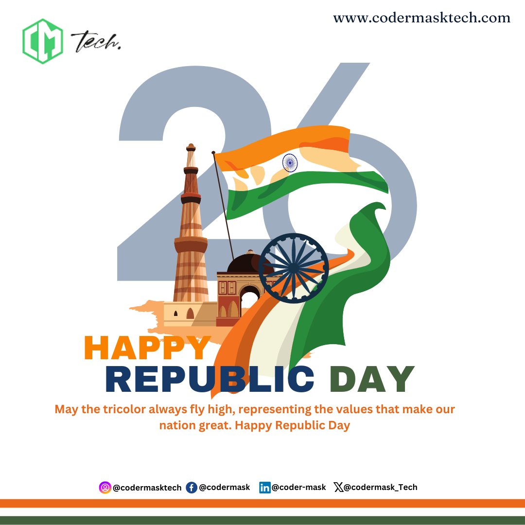 Codermask_Tech's tweet image. Wishing you a Happy Republic Day filled with moments of pride, joy, and the company of loved ones. Celebrate the spirit of India. 🎊

#HAPPY REPUBLIC DAY 

#codermask #codermaktech #republic #republicday #26january #indian #celebraterepublicday #republicday2024 #republicdayride