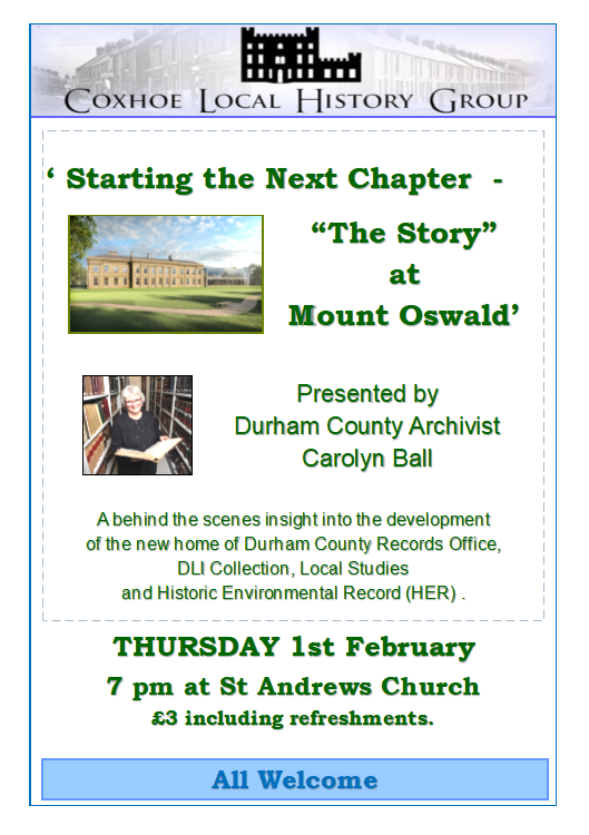 CoxhoeHistory's tweet photo. Next week we welcome Carolyn Ball, County Archivist who will provide us with an insight into the development of "The Story", the soon to be opened redeveloped County Record Office and Archive at Mount Oswald in Durham City.
We look forward to welcoming you. https://t.co/GOad7g8cyx