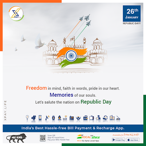 XpayLife's tweet photo. Freedom in mind, faith in words, pride in our heart. Memories of our souls. Let’s salute the nation on Republic Day.

#XPayLife #republicday2024 #happyrepublicday2024 #happyrepublicdaywishes #BillPaymentApp https://t.co/wx56PWojQe