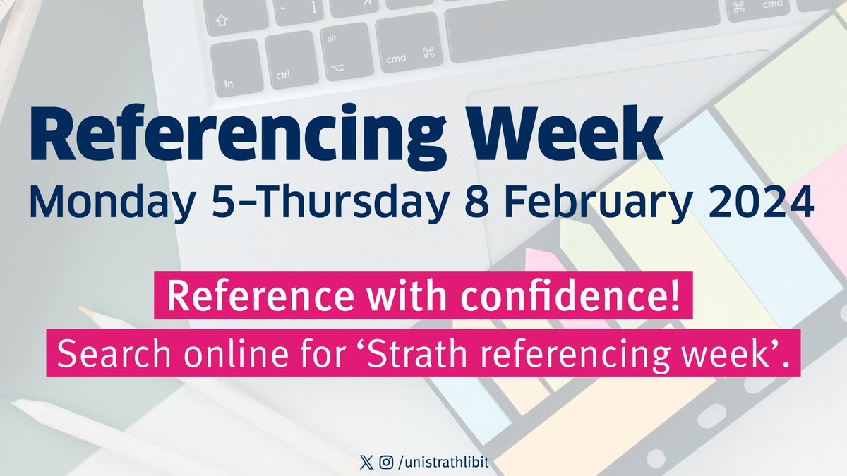 Our next Referencing Week starts on Monday 5 February. Join us for a friendly session or two, online or in-person. We'll look at using EndNote and referencing with: 🟢 APA7 🟢 Harvard 🟢 OSCOLA 🟢 Vancouver and IEEE. Details and booking in @StrathApp and: strath-ac.libcal.com/calendar/Libra…