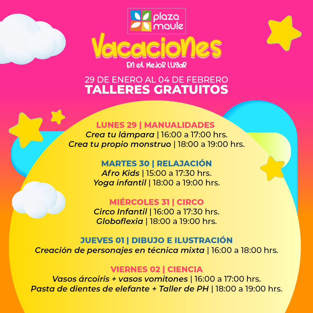 ¡INSCRIPCIONES ABIERTAS!🤩

Sumérgete en un verano lleno de diversión con nuestros talleres de verano. ☀️

Conoce todos actividades gratuitas que tendremos estas vacaciones para que l@s más chic@s lleven su imaginación a otro nivel.

Conoce más en plazamaule.cl 🥳