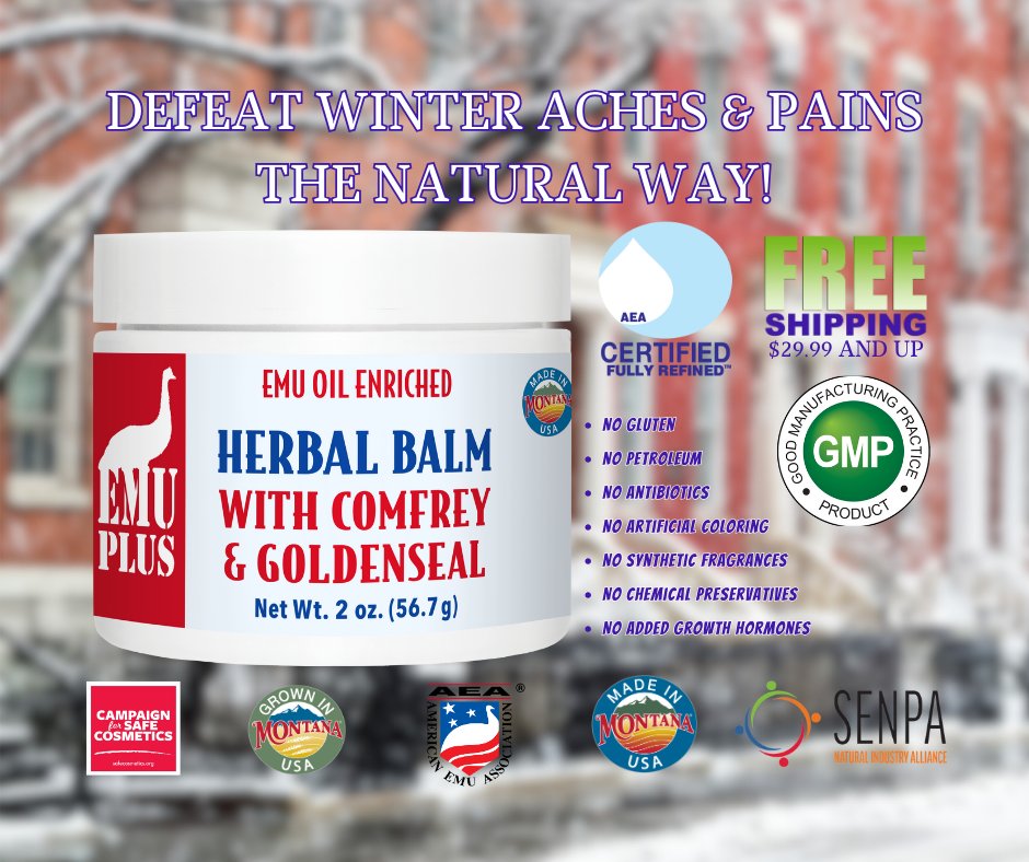 RanchEmu's tweet image. #EMUPLUS #Herbal #Balm with #Comfrey and #Goldenseal is formulated with Grade A refined #EmuOil and natural #herbs! Defeat #winter #aches and #pains a natural way!

montanaemuranch.com/specialty-body…

#montanaemuranch #emuoilbymontanaemuranch #emuoil #emuoilskincare #emutrients #EMUgency