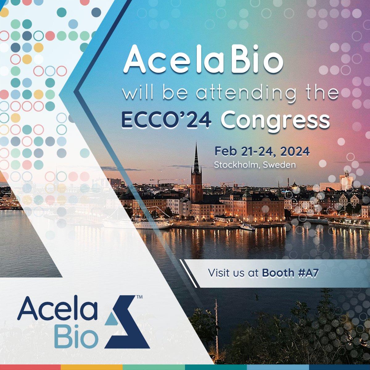 AcelaBioLab's tweet photo. AcelaBio will be attending the ECCO Congress 2024 in Stockholm, Sweden from February 21-24, 2024. Visit us at Booth #A7 and meet with our expert team to discuss your ongoing trials and research projects. #ECCO2024 https://t.co/5ATBY6rVTV