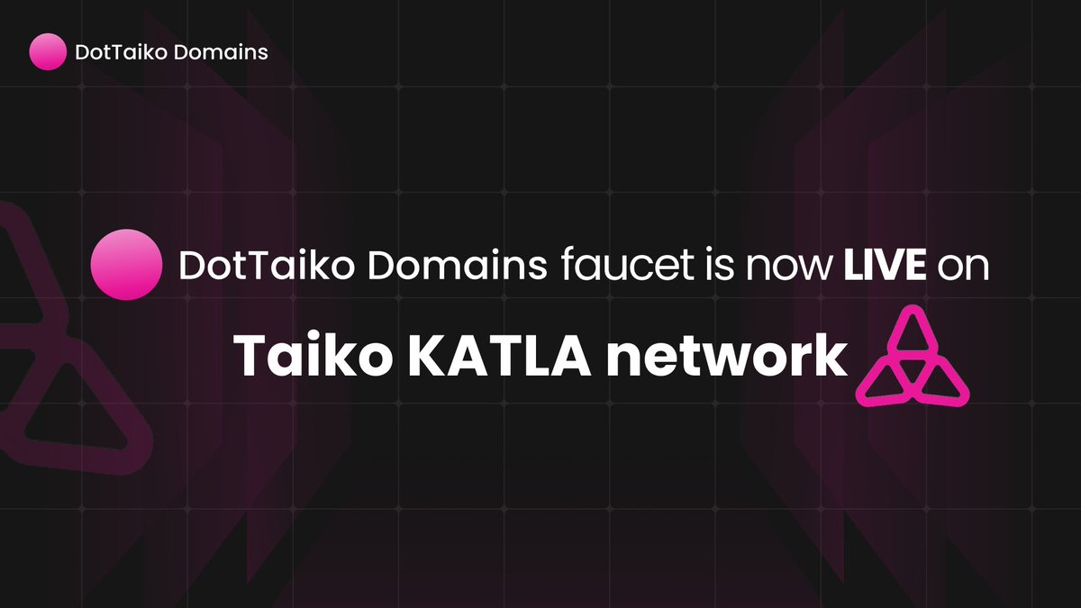 dottaikodomains's tweet photo. DotTaiko faucet is now LIVE on the @taikoxyz Katla network! 🚀

No more trouble funding your on-chain adventures when we are around. 🎉

Head over to https://t.co/E1qxm76XQ1 and fill up your gasless smart wallets with test Ethereum. No need to thank us 😎 https://t.co/aqSQ4dB4JQ