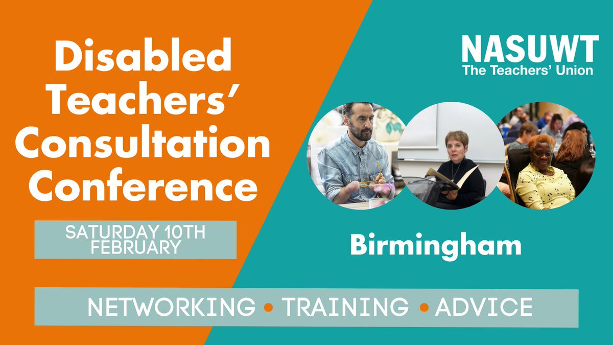 Disabled Teachers' Conference: Sat 10th Feb. Birmingham. 

Advice on your rights at work &amp; the chance to network with other teachers living with a  physical or mental health condition or disability.  

Free to members. More info &amp; booking: nasuwt.org.uk/event/DIS01HOE…
