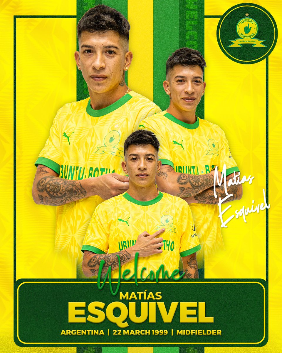 🚨𝙉𝙀𝙒 𝙎𝙄𝙂𝙉𝙄𝙉𝙂 𝘼𝙇𝙀𝙍𝙏🚨

Masandawana, let's welcome our new signing, Matías Esquivel! 🌟 He has penned down a 4-and-a-half-year deal with the Yellow Nation! ✍

#Sundowns #WelcomeMatías