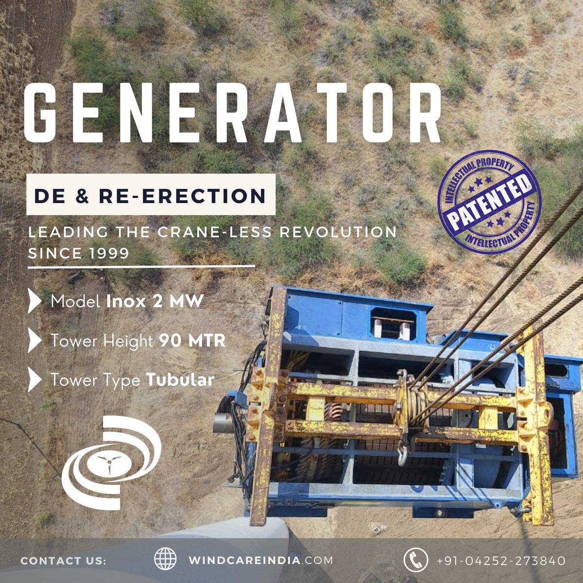 Windcareindia's tweet image. We&apos;re pleased to share a glimpse of our recent project in the wind sector. Our team skillfully employed our discreet Crane-less Technology to effortlessly lower and raise the generator of an Inox 2 MW machine.

#windcareindia #inox #componentreplacement #windenergy #windpower