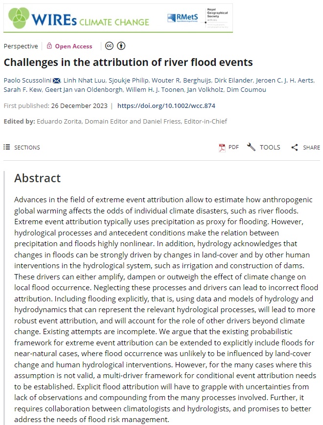 🔊New paper published in #WIREs by Paolo Scussolini (@VU_IVM) et al. : 'Challenges in the attribution of river flood events'. 🌊 #OpenAccess doi.org/10.1002/wcc.874