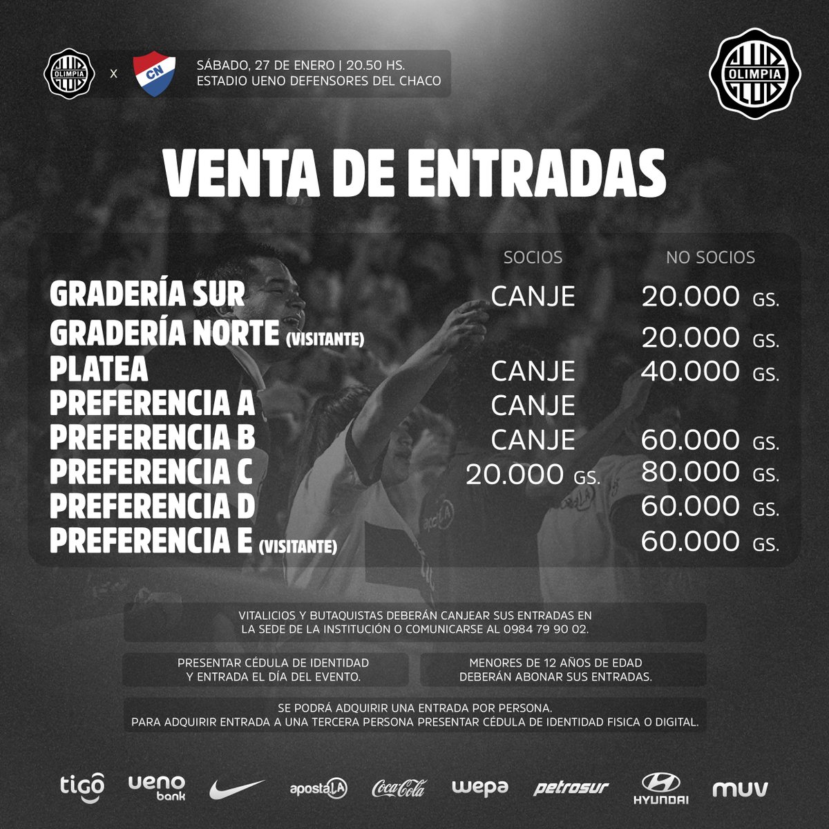 ¡𝐓𝐎𝐃𝐎𝐒 𝐉𝐔𝐍𝐓𝐎𝐒! 💪🏻

Habilitamos la venta de entradas, a todo público, para el encuentro del día sábado en El Defensores.

📍 Para Uno - Salón Blanco del Club.
📎 Online: zurl.co/1SXe

#SoyDelOlimpia ⚪️⚫️⚪️