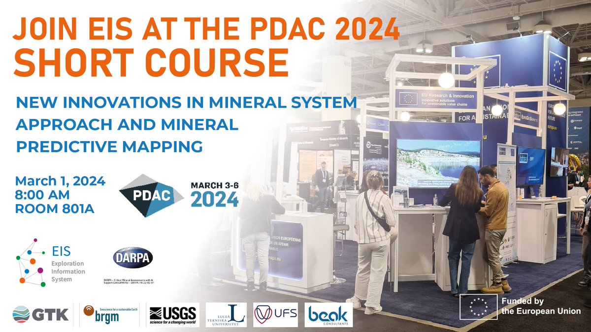 Explore the future of mineral exploration with EIS! Join our short course at #PDAC2024. Discover the latest in Mineral  Systems Approach (MSA) and Mineral Predictive Mapping (MPM) for #CriticalRawMaterials. 

Register ➡️pdac.ca/convention/att…
Info
➡️eis-he.eu/pdacshortcourse