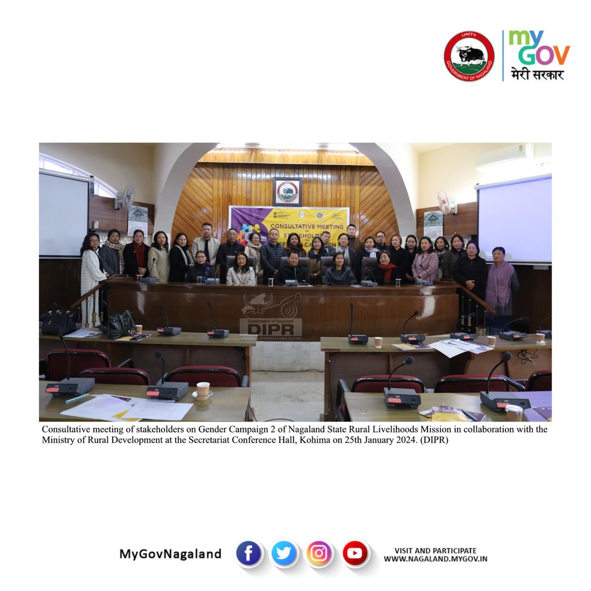 The Department of Nagaland State Rural Livelihoods Mission in collaboration with the Ministry of Rural Development held a consultative meeting of stakeholders on Gender Campaign 2 at the Secretariat Conference Hall, Kohima on 25th January 2024. @NSRLM2 @dipr_nagaland