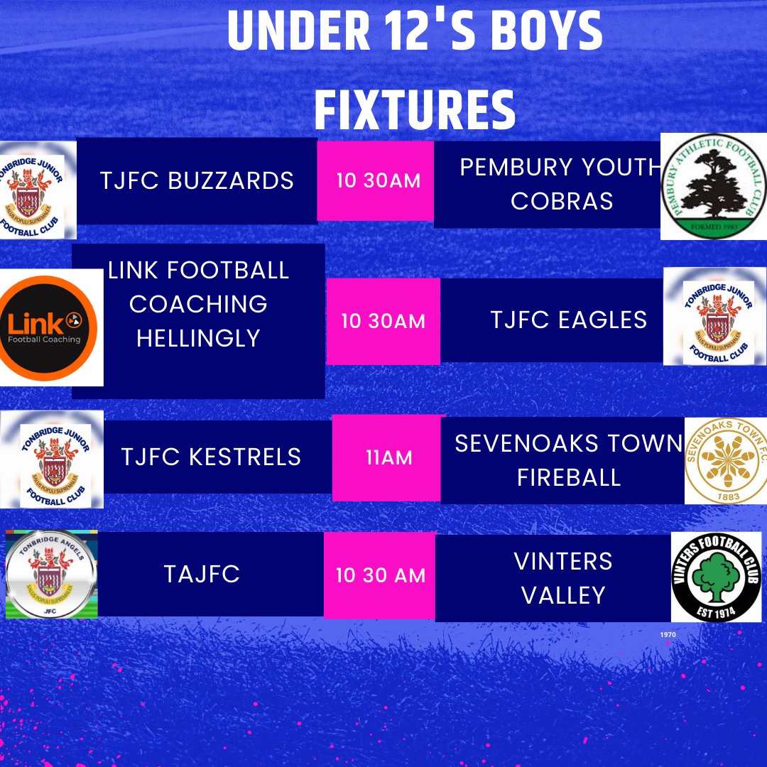TonbridgeClub's tweet photo. Under 12s Fixtures (Sunday 28th Jan)
We look Forward to playing @PemburyYouthFC @LinkFootballC @SevenoaksTownFC @vintersfc
@KentFA @CDJFL1 @whatsoninkent #TJFC #Under12s #Fixtures #TAJFC #Pembury #Linkfootball #Sevenoaks
#Vinters @StellyCoach #Oneclub #OneFamily https://t.co/MaZoAcWPYp