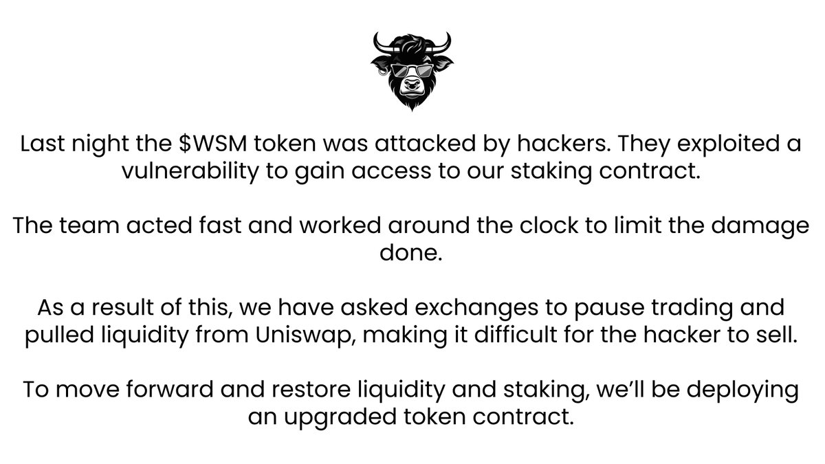 Last night, the Wall Street Memes token was subject to a coordinated attack. The hackers exploited a vulnerability and attacked the $WSM staking contract. Read the details on our @medium: wallstreetmemes.medium.com/important-secu…