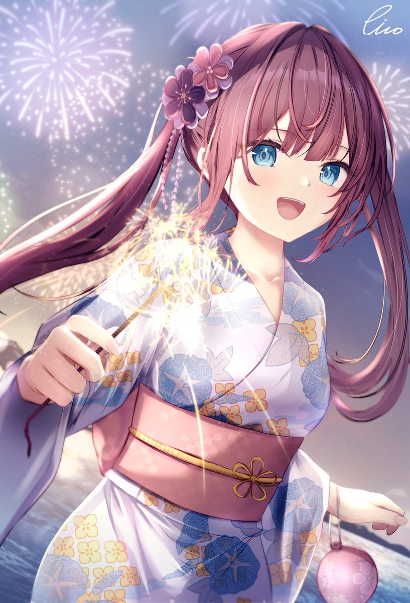 1girl fireworks japanese clothes kimono solo blue eyes smile  illustration images