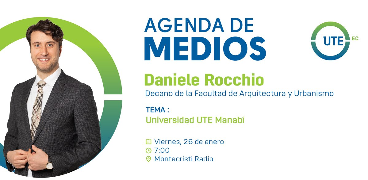 #UTEenMedios I 👇VIERNES👇
Conocerás todo sobre la Universidad UTE Manabí. ¿Qué carrera será la primera en brindar la mejor educación superior❓
🟢@danielerocchio, decano de <a href="/ArquitecturaUte/">Arquitectura y Urbanismo UTE</a>, nos contará los detalles en Montecristi Radio.
⌚️07:00
📍bitly.ws/3aMX6